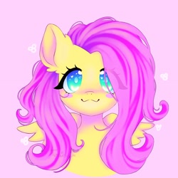 Size: 2048x2048 | Tagged: safe, artist:turquesacute, fluttershy, pegasus, pony, g4, :3, blush sticker, blushing, cute, eye clipping through hair, female, hair over one eye, high res, looking at you, mare, pink background, shyabetes, simple background, smiling, smiling at you, solo, wings