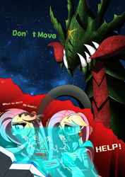 Size: 2480x3508 | Tagged: safe, artist:questionmarkdragon, fluttershy, oc, oc:flutterfelix, pegasus, pony, g4, computer screen, dialogue, face mask, female, high res, mare, mask, masked fluttershy, monster, open mouth, panicking, self paradox, self ponidox, story included, sweat