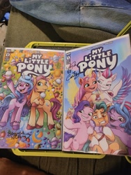 Size: 4624x3468 | Tagged: safe, idw, alicorn, earth pony, pegasus, pony, unicorn, comic, photo, signature