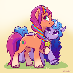 Size: 2048x2048 | Tagged: safe, artist:pfeffaroo, izzy moonbow, sunny starscout, earth pony, pony, unicorn, g5, blushing, bracelet, coat markings, concave belly, cute, drink, duo, duo female, female, friendship bracelet, gradient background, gradient hooves, high res, jewelry, lesbian, mane stripe sunny, mare, medium sneaky, ship:moonscout, shipping, side view, sipping, smiling, smoothie, sneaking, socks (coat markings), unshorn fetlocks