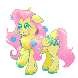 Size: 1000x1000 | Tagged: safe, artist:carabarabonanza, fluttershy, pegasus, pony, g4, blushing, chest fluff, cute, female, floppy ears, flower, flower in hair, mare, shyabetes, simple background, smiling, solo, transparent background, unshorn fetlocks, wingding eyes