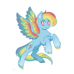Size: 625x625 | Tagged: safe, artist:carabarabonanza, rainbow dash, pegasus, pony, g4, colored wings, ear fluff, female, g5 concept leaks, mare, multicolored wings, rainbow dash (g5 concept leak), rainbow wings, rearing, simple background, smiling, solo, transparent background, unshorn fetlocks, wingding eyes, wings