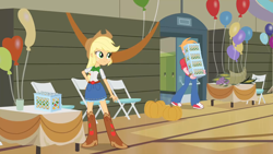 Size: 1920x1080 | Tagged: safe, screencap, applejack, big macintosh, human, equestria girls, g4, my little pony equestria girls, apple cider, applejack's skirt, balloon, boots, clothes, cornucopia, cowboy boots, cowboy hat, denim, denim skirt, duo, eeyup, fall formal, gym, hand on hip, hat, pumpkin, shoes, skirt, stetson