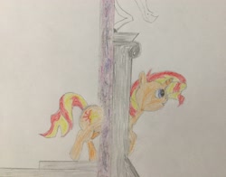 Size: 3072x2409 | Tagged: safe, artist:hoofless, derpibooru exclusive, sunset shimmer, pony, unicorn, equestria girls 10th anniversary, equestria girls, g4, colored pencil drawing, high res, portal, solo, traditional art