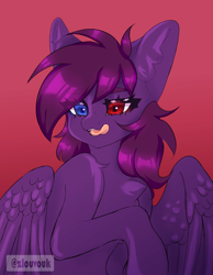 Size: 2626x3380 | Tagged: safe, artist:zlouvouk, oc, oc:pestyskillengton, pegasus, pony, chest fluff, cute, female, heterochromia, high res, licking, licking lips, mare, red background, simple background, solo, tongue out, wings