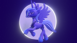 Size: 1920x1080 | Tagged: safe, artist:optimalotter, princess luna, alicorn, pony, g4, 3d, 3d model, blender, blender eevee, concave belly, crown, hoof shoes, jewelry, looking at you, looking sideways, moon, night, peytral, princess shoes, regalia, renderman, s1 luna, slender, solo, spread wings, thin, wings