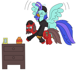 Size: 2396x2213 | Tagged: safe, artist:supahdonarudo, oc, oc only, oc:ironyoshi, oc:sea lilly, classical hippogriff, hippogriff, pony, unicorn, atg 2023, beanie, clothes, drawer, flying, hat, high res, holding, holding a pony, newbie artist training grounds, picture frame, simple background, struggling, sweater, transparent background, vase
