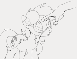 Size: 995x760 | Tagged: safe, artist:dotkwa, oc, oc only, oc:deary dots, earth pony, human, pony, boop, disembodied hand, female, forehead poke, gray background, grayscale, hand, mare, monochrome, simple background, solo focus