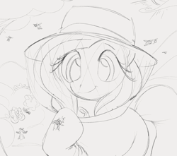 Size: 1228x1087 | Tagged: safe, artist:dotkwa, fluttershy, bee, insect, pegasus, pony, g4, beekeeper, female, gray background, grayscale, mare, monochrome, simple background, sketch, smiling, solo