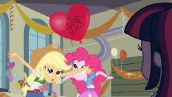 Size: 1200x675 | Tagged: safe, edit, edited screencap, screencap, applejack, pinkie pie, twilight sparkle, human, equestria girls, g4, my little pony equestria girls, animated, balloon, boots, clothes, cowboy hat, denim, denim skirt, fall formal, gif, hat, heart, heart balloon, jumping, shoes, skirt, slowed down, stetson