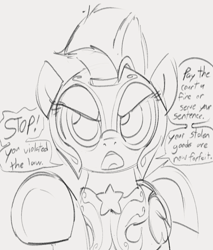 Size: 929x1090 | Tagged: safe, artist:dotkwa, pegasus, pony, angry, armor, dialogue, female, gray background, grayscale, guard armor, guardsmare, mare, meme, monochrome, oblivion, open mouth, pointing at you, royal guard, scowl, simple background, sketch, solo, speech bubble, stop right there criminal scum, the elder scrolls, underhoof