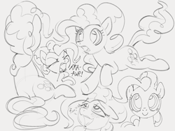 Size: 1568x1181 | Tagged: safe, artist:dotkwa, pinkie pie, earth pony, pony, g4, balloonbutt, blushing, bust, butt, female, floppy ears, gray background, grayscale, looking at you, mare, monochrome, open mouth, plot, simple background, sitting, sketch, sketch dump, smiling, smiling at you, solo