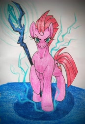 Size: 3720x5367 | Tagged: safe, artist:mintytreble, storm king, tempest shadow, pony, unicorn, g4, my little pony: the movie, atg 2023, lightning, newbie artist training grounds, simple background, thunder, traditional art