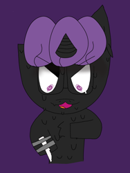 Size: 2254x2994 | Tagged: safe, artist:hexals, oc, oc:peppaline hequeeb, pony, unicorn, glasses, high res, knife, melting, purple background, purple eyes, purple mane, simple background, solo, tape