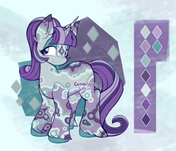 Size: 2048x1761 | Tagged: oc name needed, safe, artist:lemoocado, oc, oc only, pony, unicorn, body markings, coat markings, color palette, colored hooves, commission, ear fluff, eyeshadow, facial markings, horn, lidded eyes, light blue background, makeup, not starlight glimmer, reference sheet, simple background, smiling, solo, standing, star (coat marking), unicorn oc, unshorn fetlocks