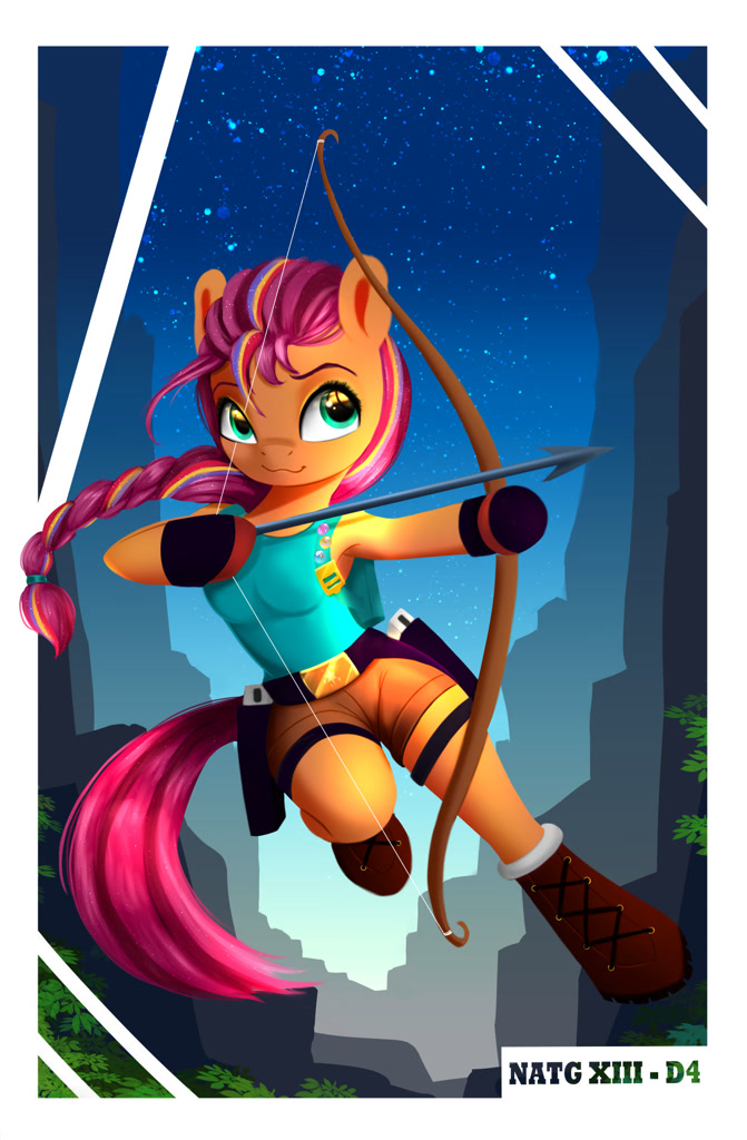 [anthro,arrow,breasts,clothes,crossover,earth pony,female,g5,lara croft,mare,newbie artist training grounds,safe,shorts,solo,windswept mane,arm hooves,unguligrade anthro,hoof hold,video game crossover,bow (weapon),magnetic hooves,artist:darksly,sunny starscout,atg 2023]