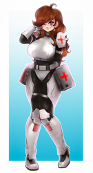 Size: 3775x7000 | Tagged: safe, artist:idatoygar, oc, oc only, oc:dusty heartwood, earth pony, human, fallout equestria, adorasexy, armor, big breasts, blue eyes, breasts, brown mane, cute, doctor, facial scar, fallout equestria oc, female, humanized, humanized oc, medic, pigeon toed, red cross, scar, sexy, solo