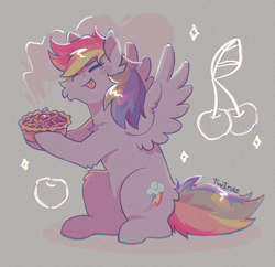 Size: 2381x2303 | Tagged: safe, artist:twinkesss, rainbow dash, pegasus, pony, g4, cheek fluff, cherry, cherry pie (food), desaturated, eyes closed, female, food, grainy, high res, hoof hold, mare, pie, sitting, solo, spread wings, tongue out, wings