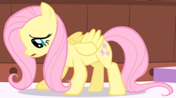 Size: 749x419 | Tagged: safe, screencap, fluttershy, pegasus, pony, g4, green isn't your color, season 1, cropped, crouching, cute, female, frown, looking down, mare, open mouth, partially open wings, ponyville spa, shyabetes, standing, wings, worried