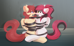 Size: 4096x2560 | Tagged: safe, artist:kebchach, oc, oc only, oc:aerial, oc:siren, pegasus, pony, bondage, bound, bound and gagged, bound together, duo, female, gag, heart, heart eyes, mare, ponytail, tape, tape bondage, tape gag, tied up, wingding eyes