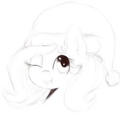Size: 958x885 | Tagged: safe, artist:nozukz, oc, oc only, oc:fizzie, earth pony, pony, bust, christmas, earth pony oc, female, hat, holiday, looking at you, mare, one eye closed, santa hat, simple background, sketch, smiling, solo, teeth, white background, wink, winking at you
