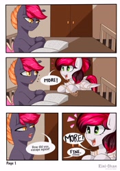 Size: 4000x5727 | Tagged: safe, artist:rinikka, oc, oc only, oc:siren, bat pony, pegasus, pony, book, chest fluff, comic, female, how did you escape again, implied bondage, male, mare, reading, rope, stallion, table