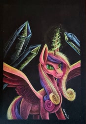 Size: 1107x1595 | Tagged: safe, artist:cahandariella, princess cadance, queen chrysalis, alicorn, changeling, changeling queen, pony, g4, black background, colored pencil drawing, crystal, fake cadance, female, looking at someone, magic, mare, newbie artist training grounds, simple background, solo, spread wings, traditional art, wings