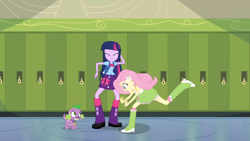 Size: 1920x1080 | Tagged: safe, screencap, fluttershy, spike, spike the regular dog, twilight sparkle, dog, human, equestria girls, g4, my little pony equestria girls, boots, clothes, great moments in animation, lockers, polka dot socks, running, shoes, socks, trio