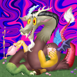 Size: 2100x2100 | Tagged: safe, artist:goreharvest, discord, draconequus, g4, abstract background, antlers, claws, crazy eyes, fangs, floating, flower, food, grass, high res, horn, horns, male, mismatched eyes, open mouth, open smile, scales, sharp teeth, signature, smiling, solo, spread wings, tail, tea, tea party, teapot, teeth, the discord zone, underhoof, wacky, wings