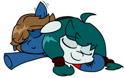 Size: 640x406 | Tagged: safe, artist:yamston, oc, oc only, oc:babel yarn, oc:roxxy bleak, earth pony, pony, fanfic:living the dream, brown mane, clothes, cuddling, duo, duo female, eyes closed, fanfic art, female, green mane, hoodie, mare, oc x oc, parent:oc:adry, parent:oc:darkest bleak, parent:oc:red storm, pigtails, shipping, simple background, sleeping, transparent background