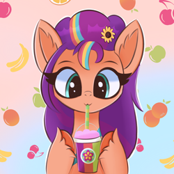 Size: 2048x2048 | Tagged: safe, artist:thebigstuff89, sunny starscout, earth pony, pony, g5, abstract background, cute, drink, drinking, eyebrows, female, flower, flower in hair, gradient background, high res, hoof hold, mane stripe sunny, mare, smoothie, solo, sunnybetes