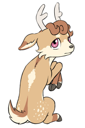 Size: 723x1092 | Tagged: safe, artist:multiverseequine, derpibooru exclusive, oc, oc only, oc:hebe, deer, pony, antlers, cheek fluff, cloven hooves, colored eartips, cute, daybreak island, deer oc, floppy ears, freckles, full body, hip freckles, looking at you, male, male oc, non-pony oc, raised hoof, rear view, simple background, sitting, solo, swirly mane, tail, transparent background