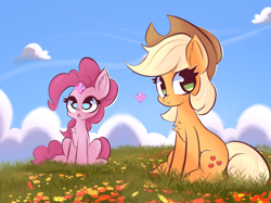 Size: 2732x2048 | Tagged: safe, artist:thebigstuff89, applejack, pinkie pie, butterfly, earth pony, pony, g4, applejack's hat, chest fluff, cloud, cowboy hat, cute, diapinkes, duo, duo female, female, flower, grass, hat, high res, jackabetes, looking at something, looking at you, mare, open mouth, sitting, sky, smiling, smiling at you