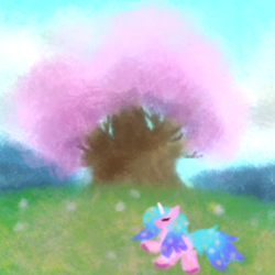 Size: 1000x1000 | Tagged: safe, artist:artevi, izzy moonbow, pony, unicorn, g5, atg 2023, cloud, eyes closed, female, grass, lying down, nature, newbie artist training grounds, prone, solo, tree