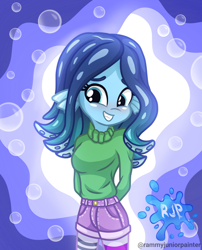 Size: 2015x2490 | Tagged: safe, artist:rjp.rammy, kraken, equestria girls, g4, blushing, bubble, clothes, crossover, dreamworks, equestria girls style, equestria girls-ified, female, hands behind back, high res, long sleeved shirt, long sleeves, looking at you, ruby gillman, ruby gillman: teenage kraken, shirt, shorts, smiling, smiling at you, solo