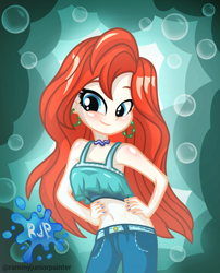 Size: 2015x2490 | Tagged: safe, artist:rjp.rammy, human, equestria girls, g4, bare shoulders, belly button, bubble, chelsea van der zee, clothes, crossover, dreamworks, ear piercing, earring, equestria girls style, equestria girls-ified, female, hand on hip, high res, jewelry, looking at you, necklace, pants, piercing, ruby gillman: teenage kraken, sleeveless, smiling, smiling at you, solo, tank top