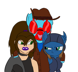 Size: 2522x2342 | Tagged: safe, artist:scratchag, oc, oc:bronwyn pendragon, oc:lance greenfield, oc:scamp, human, pegasus, pony, zebra, choker, clothes, cowboy hat, female, glare, goggles, green eyes, group photo, hat, high res, hood, lipstick, male, mare, oblivious, ponytail, red stripes, simple background, smiling, stallion, transparent background, trio, zebra oc