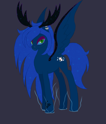 Size: 3000x3500 | Tagged: safe, artist:scratchag, oc, oc only, oc:scayla, alicorn, pony, fanfic:living the dream, 2022, antlers, blue mane, blue sclera, ear piercing, ethereal mane, fanfic art, fusion, green eyes, high res, lip piercing, looking at you, nose piercing, piercing, simple background, solo, spread wings, starry mane, tattoo, wings