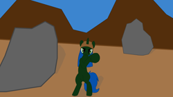 Size: 1920x1080 | Tagged: safe, artist:scratchag, oc, oc:greg campbell, oc:ultimate greg, pony, unicorn, fanfic:living the dream, 1000 hours in ms paint, 2022, blue mane, fanfic art, field, green coat, green eyes, horn, looking at you, pointing, rock, solo, standing on two hooves, unicorn oc