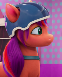 Size: 880x1080 | Tagged: safe, screencap, sunny starscout, earth pony, pony, bridlewoodstock (make your mark), g5, my little pony: make your mark, my little pony: make your mark chapter 4, spoiler:g5, spoiler:my little pony: make your mark, bridlewoodstock, cropped, female, helmet, mane stripe sunny, mare, side view, solo