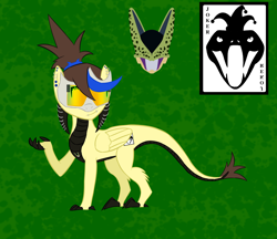 Size: 2120x1832 | Tagged: safe, artist:scratchag, oc, oc:shayla beltosh, hybrid, pony, fanfic:living the dream, brown mane, card, cell (dragon ball), claws, cutie mark, dragon ball, ear piercing, fanfic art, highlights, hybrid oc, lip piercing, magical lesbian spawn, offspring, parent:oc:mallogory beltosh, parent:oc:scamp, perfect cell, piercing, reference sheet, solo, sunglasses, tail, tattoo, telija, wings