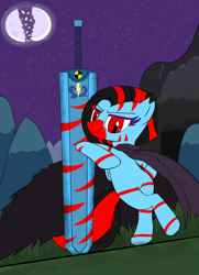 Size: 1404x1936 | Tagged: safe, artist:scratchag, oc, oc:lacy greenfield, pegasus, pony, zebra, fanfic:living the dream, cape, clothes, fanfic art, female, grass, mare, moon, mountain, night, red eyes, red stripes, solo, standing on two hooves, starry night, stars, stripes, sword, tail, torn ear, two toned mane, weapon, zebra oc