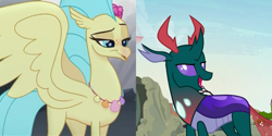 Size: 1180x592 | Tagged: safe, edit, edited screencap, screencap, pharynx, princess skystar, changedling, changeling, classical hippogriff, hippogriff, g4, my little pony: the movie, to change a changeling, :o, crack shipping, cropped, cute, derp, duo, eyelashes, female, flower, flower in hair, jewelry, lidded eyes, male, necklace, open mouth, prince pharynx, shipping, shipping domino, skyabetes, skynx, spread wings, straight, wings