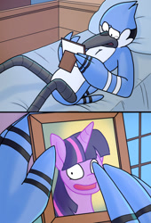 Size: 872x1280 | Tagged: safe, artist:blueballs, twilight sparkle, bird, blue jay, pony, unicorn, g4, bed, crossover, crossover shipping, crying, female, lying down, lying on bed, male, mordecai, mordetwi, on bed, parody, regular show, shipping, straight, wolverine crush