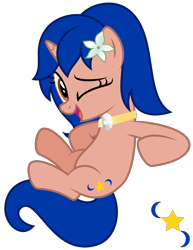 Size: 1480x1920 | Tagged: safe, artist:melisareb, derpibooru exclusive, part of a set, oc, oc only, oc:luz, pony, unicorn, g4, .svg available, collar, female, flower, flower in hair, mare, moon, nation ponies, one eye closed, open mouth, philippines, ponified, simple background, solo, stars, svg, transparent background, vector, wink
