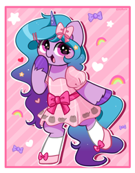 Size: 3290x4200 | Tagged: safe, artist:kittyrosie, izzy moonbow, unicorn, semi-anthro, g5, arm hooves, blushing, bow, clothes, cute, dress, female, hair bow, heart, heart eyes, high res, horn, izzybetes, looking at you, mare, open mouth, open smile, pusheen, smiling, smiling at you, solo, unshorn fetlocks, wingding eyes