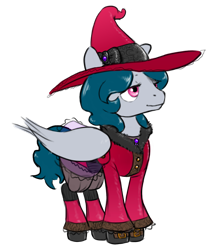 Size: 1395x1604 | Tagged: safe, artist:multiverseequine, derpibooru exclusive, oc, oc only, oc:angel winds, pegasus, pony, clothes, coat, colored, daybreak island, fancy, female, full body, hat, lace, mare, pegasus oc, quadrupedal, shoes, simple background, smiling, solo, transparent background, wings, witch hat