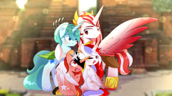 Size: 1524x855 | Tagged: safe, artist:diniarvegafinahar, oc, oc only, oc:indonisty, pony, unicorn, colored wings, east timor, father and child, father and daughter, female, gradient wings, group hug, hug, indonesia, majapahit empire, male, mare, mother and child, mother and daughter, multicolored wings, nation ponies, open mouth, siblings, sisters, sitting, stallion, stars, timor-leste, wings