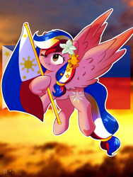 Size: 768x1024 | Tagged: safe, artist:diniarvegafinahar, oc, oc only, oc:pearl shine, pegasus, pony, female, flag, flower, flower in hair, flying, mare, nation ponies, one eye closed, philippines, sky, solo, stars, sunset, wings