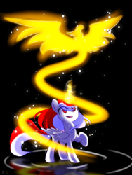 Size: 720x960 | Tagged: safe, artist:diniarvegafinahar, oc, oc:indonisty, alicorn, phoenix, pony, black background, duo, female, fire, glowing, indonesia, magic, magic aura, mare, nation ponies, open mouth, raised hoof, simple background